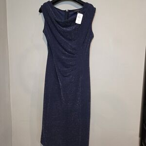 Tahari Dress Navy Blue Metallic Glitter Cowl Neck Sheath Cocktail Womens Size 2
